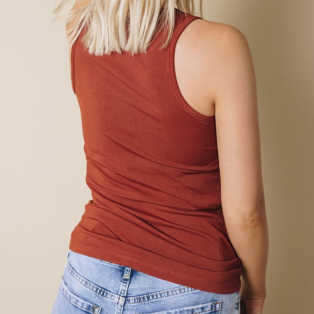 Split Neck Solid Rust Brown Ribbed Tank Top - Picture 2 of 7